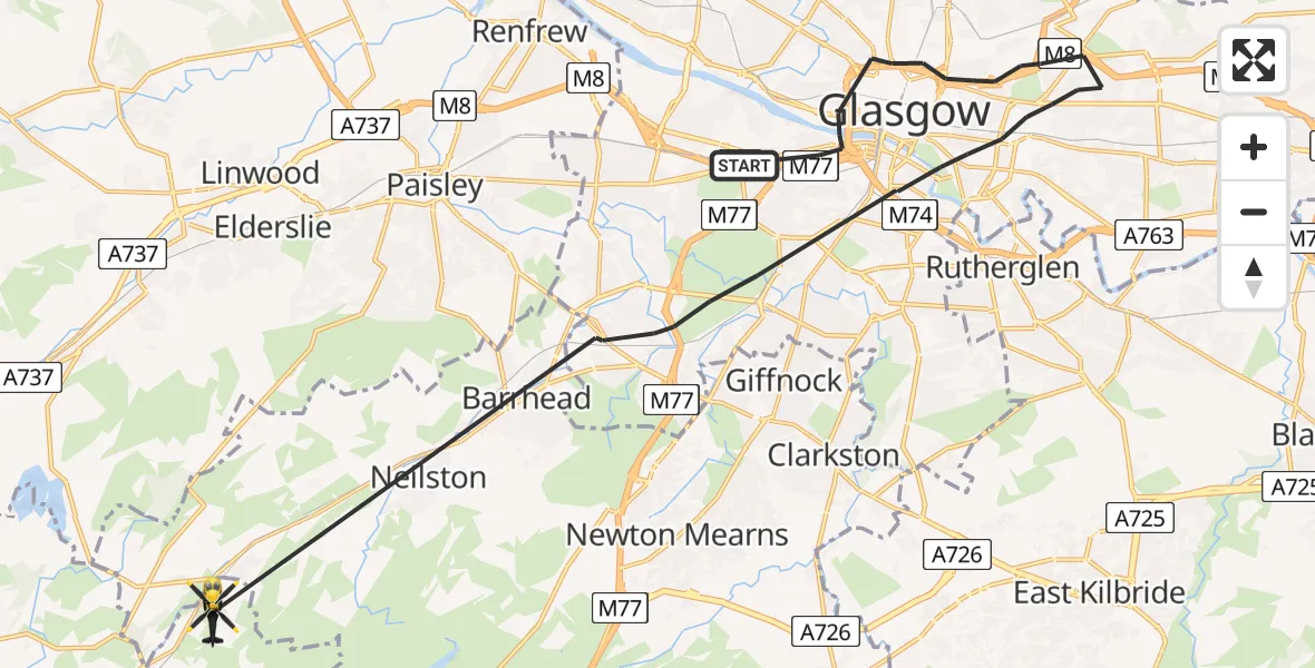 Flight path map showing Police Helicopter route from Glasgow to Lugton