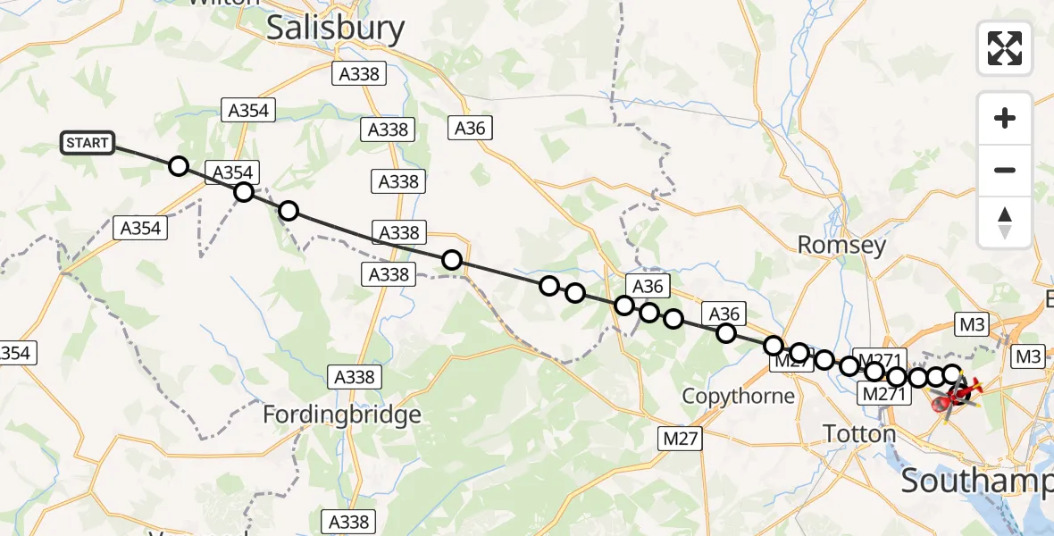 Flight path map showing Air Ambulance Helicopter route from Broad Chalke to University Hospital Southampton