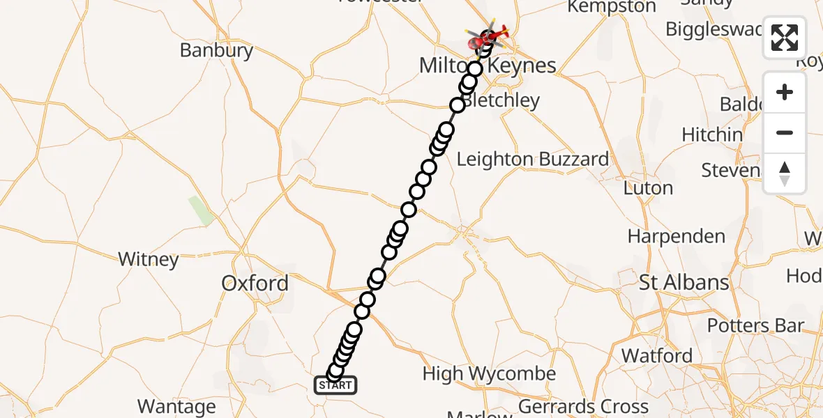 Flight path map showing Air Ambulance Helicopter route from RAF Benson to Giffard Park