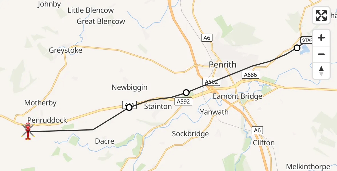 Flight path map showing Air Ambulance Helicopter route from Edenhall to Penruddock
