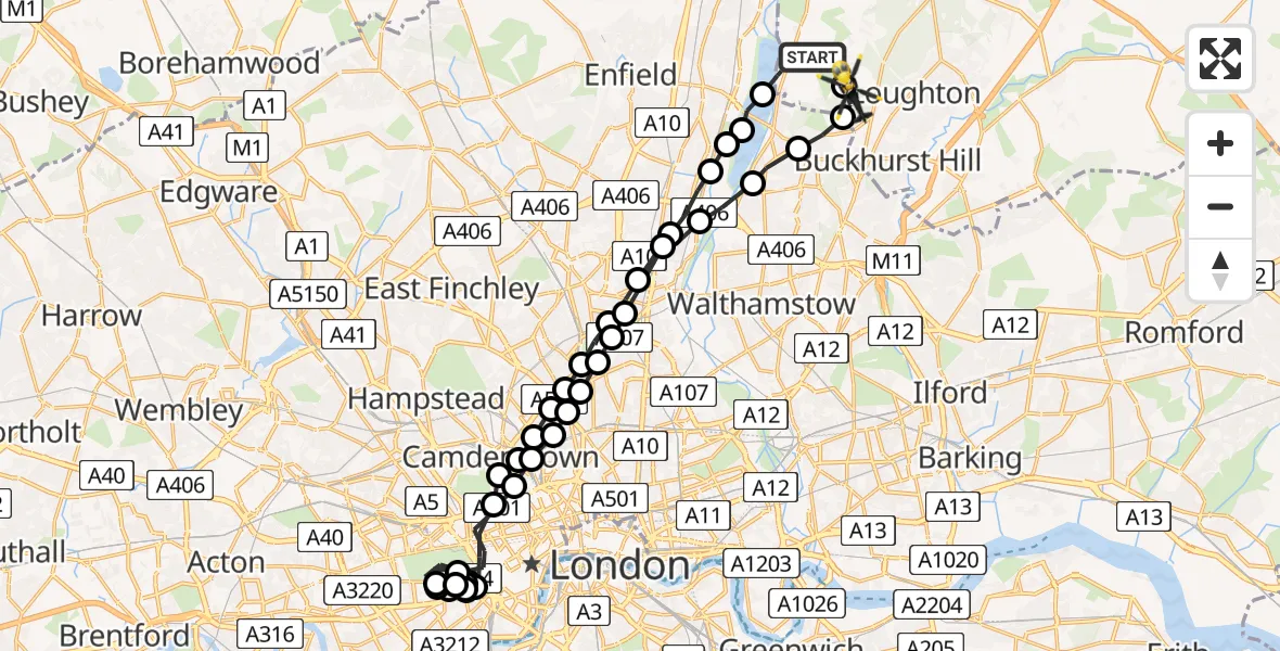 Flight path map showing Police Helicopter route from Sewardstonebury to Sewardstonebury