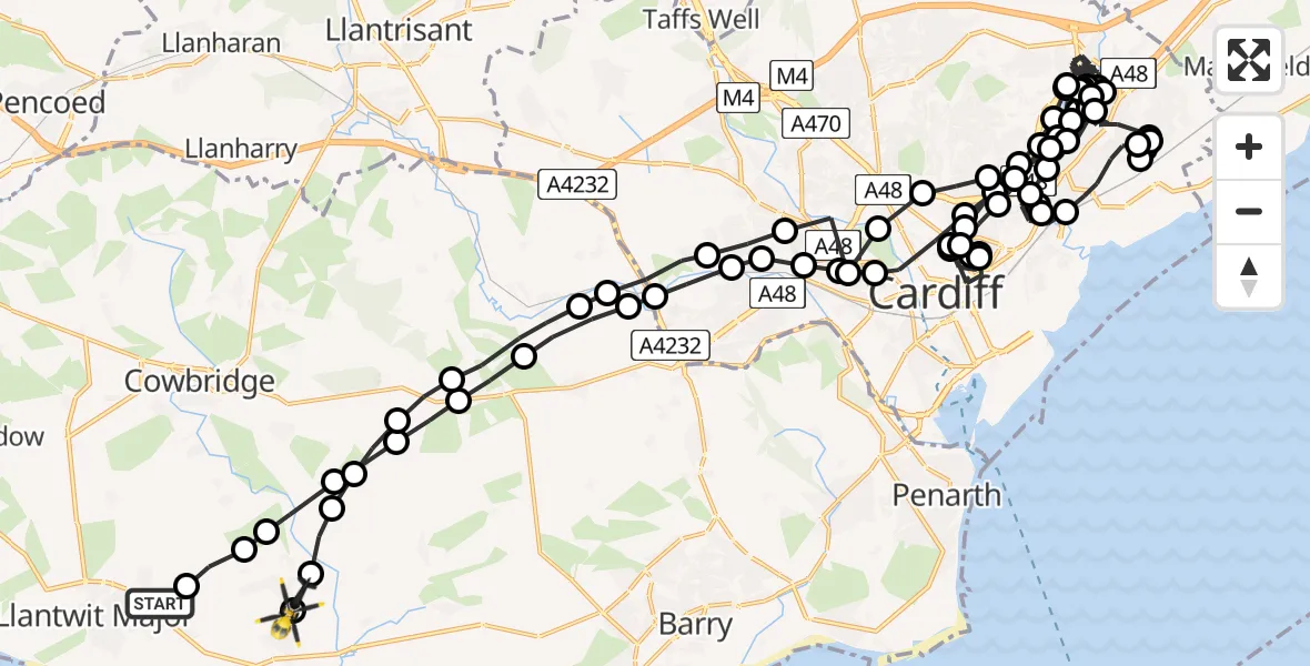 Flight path map showing Police Helicopter route from Boverton to MOD St Athan