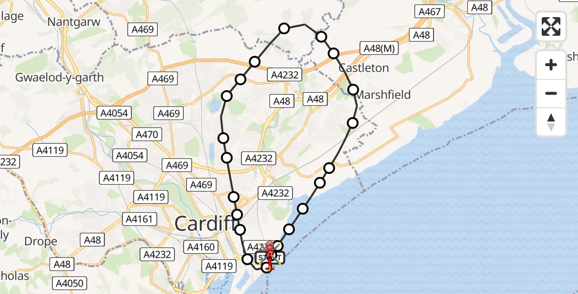 Flight path map showing Air Ambulance Helicopter route from Cardiff Heliport to Cardiff Heliport