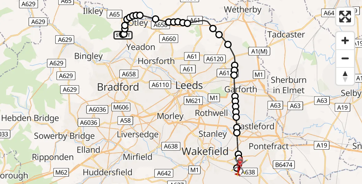 Flight path map showing Air Ambulance Helicopter route from Hawksworth to YAA Nostell Helicopter Port