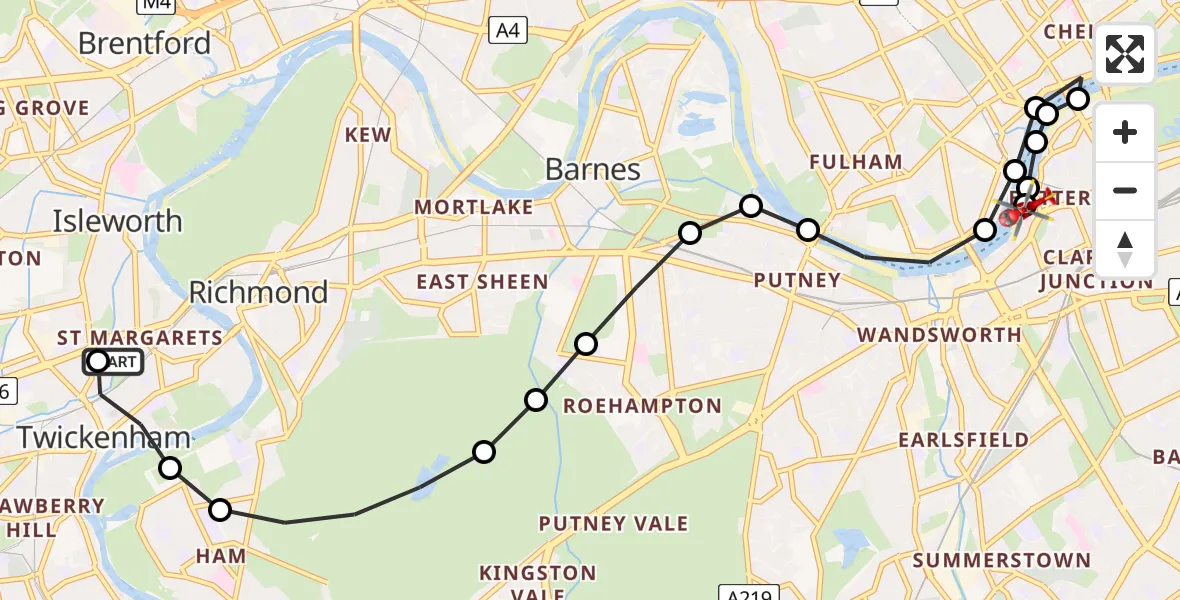 Flight path map showing Air Ambulance Helicopter route from St Margarets to London Heliport