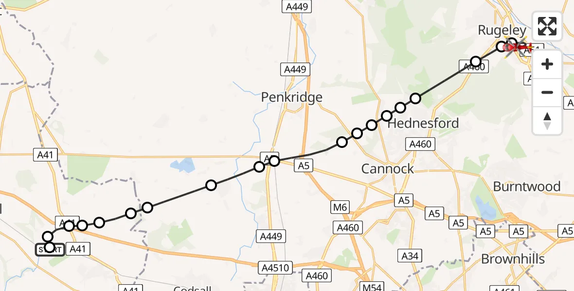 Flight path map showing Air Ambulance Helicopter route from RAF Cosford to Brereton