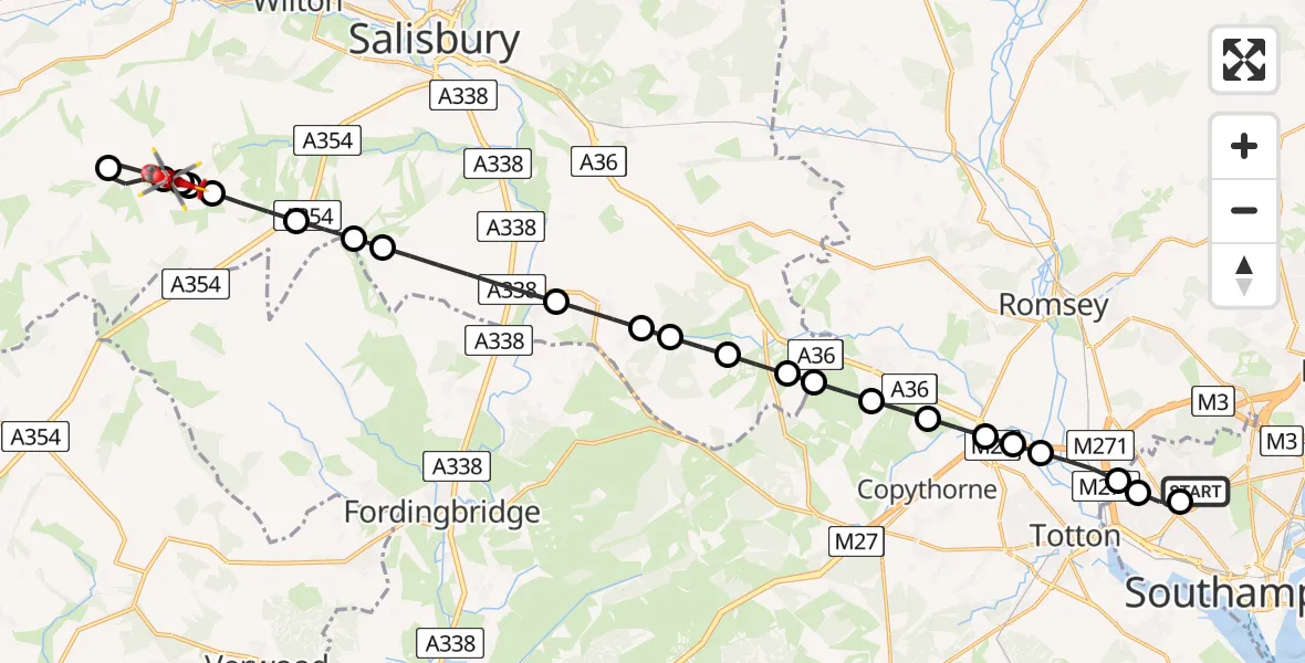 Flight path map showing Air Ambulance Helicopter route from University Hospital Southampton to Broad Chalke