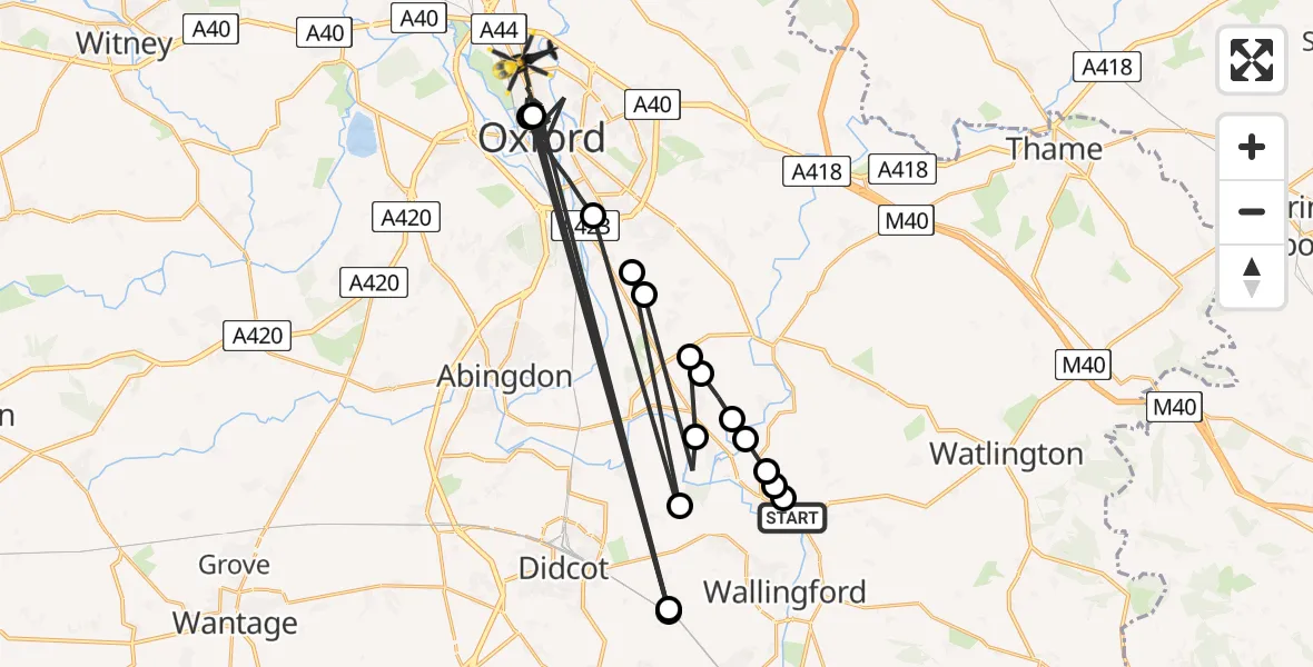 Flight path map showing Police Helicopter route from Shillingford to Oxford