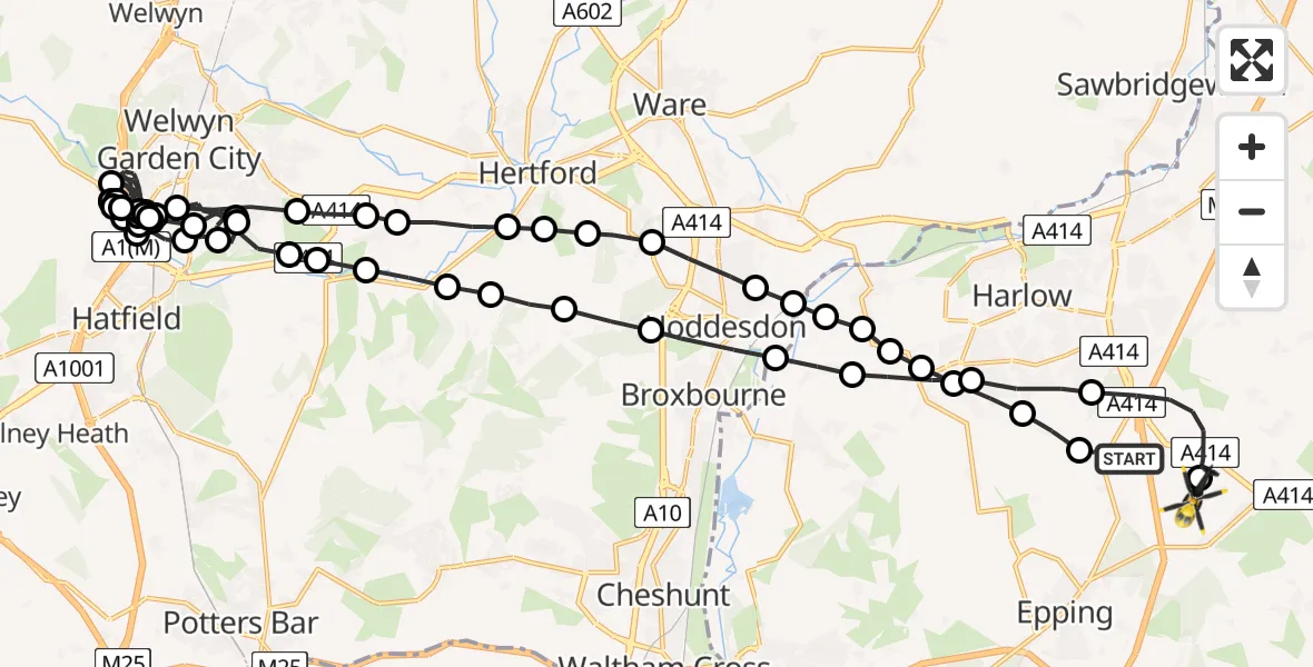 Flight path map showing Police Helicopter route from North Weald Bassett to North Weald Airfield