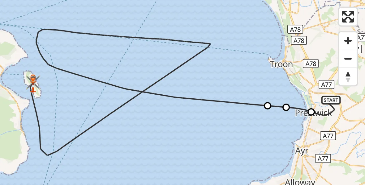 Flight route Coastguard Helicopter Glasgow Prestwick Airport - Inner Seas, 03 May 2026, 14:25