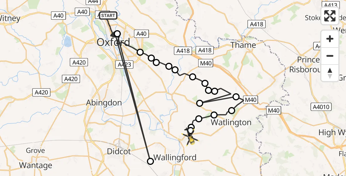 Flight path map showing Police Helicopter route from Oxford to Benson