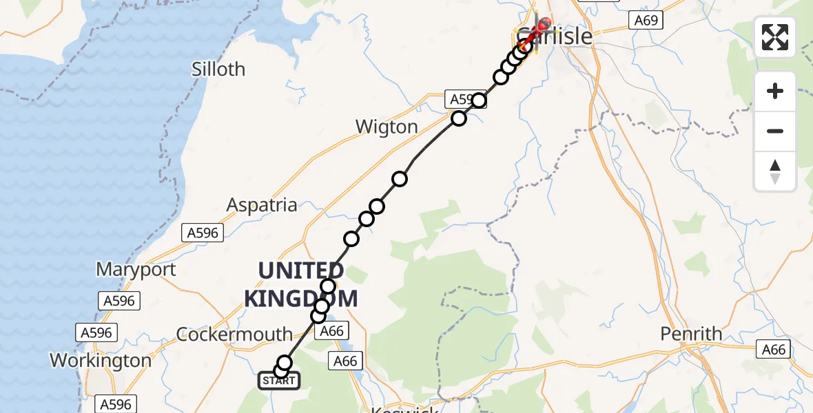 Flight path map showing Air Ambulance Helicopter route from High Lorton to Carlisle