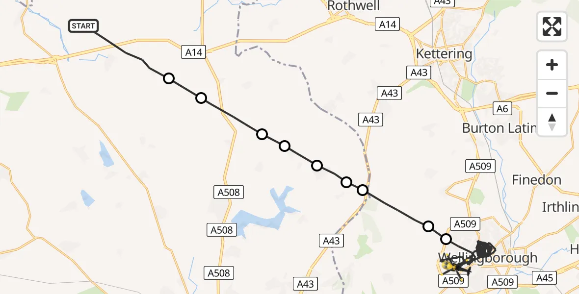 Flight path map showing Police Helicopter route from Naseby to Wellingborough