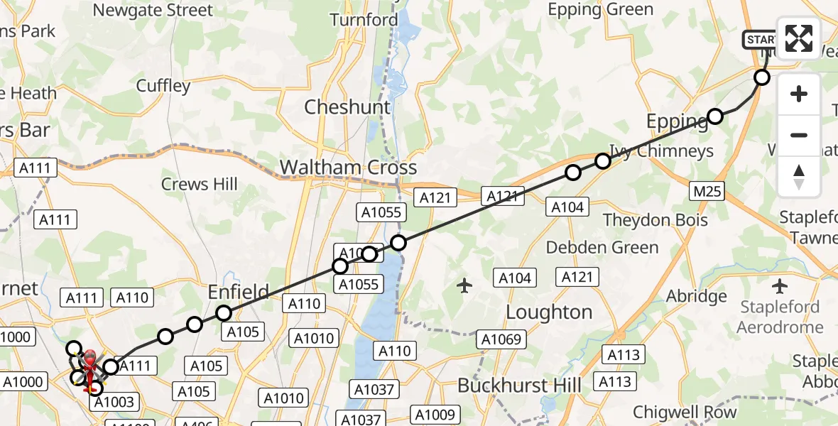 Flight path map showing Air Ambulance Helicopter route from North Weald Airfield to Brunswick Park