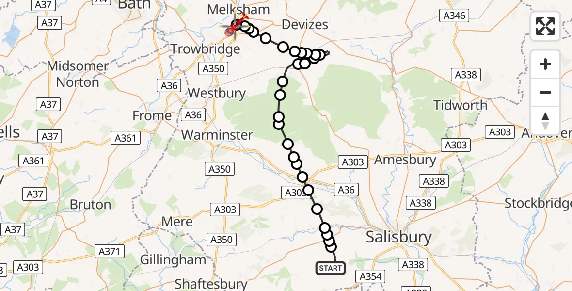 Flight path map showing Air Ambulance Helicopter route from Broad Chalke to Wiltshire Air Ambulance