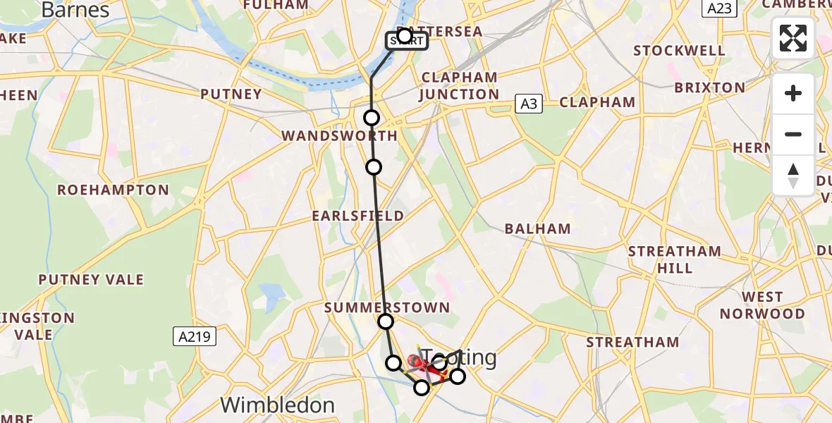 Flight path map showing Air Ambulance Helicopter route from London Heliport to St Georges Hospital