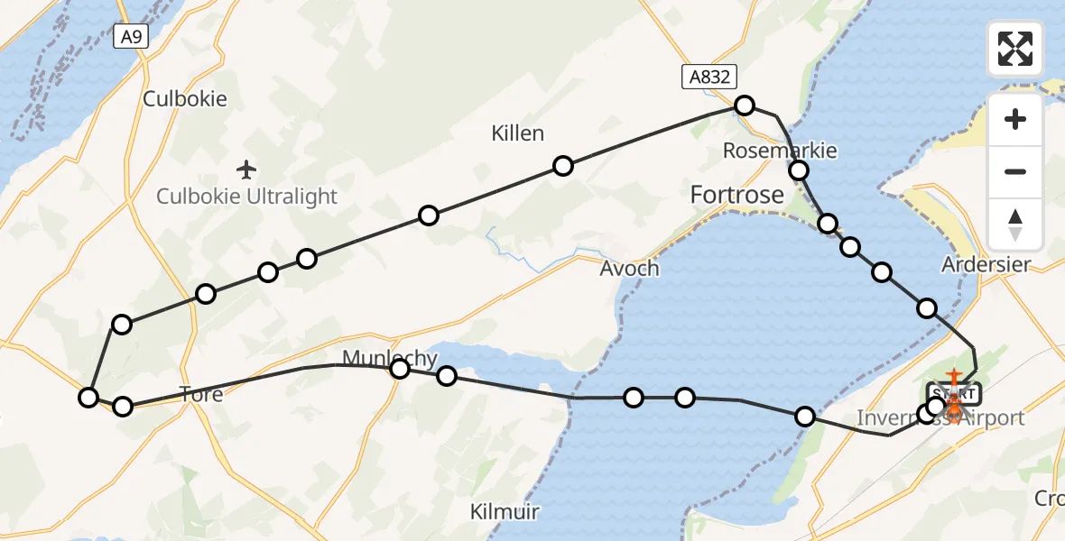 Flight path map showing Coastguard Helicopter route from Inverness Airport to Inverness Airport