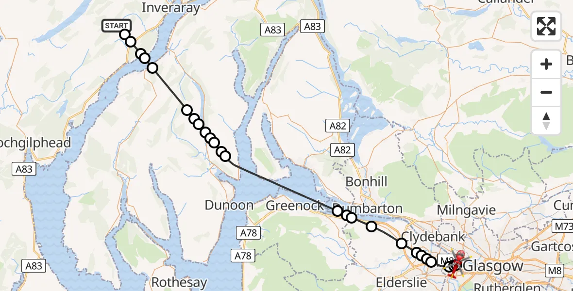 Flight path map showing Air Ambulance Helicopter route from Argyll and Bute to Queen Elizabeth Hospital