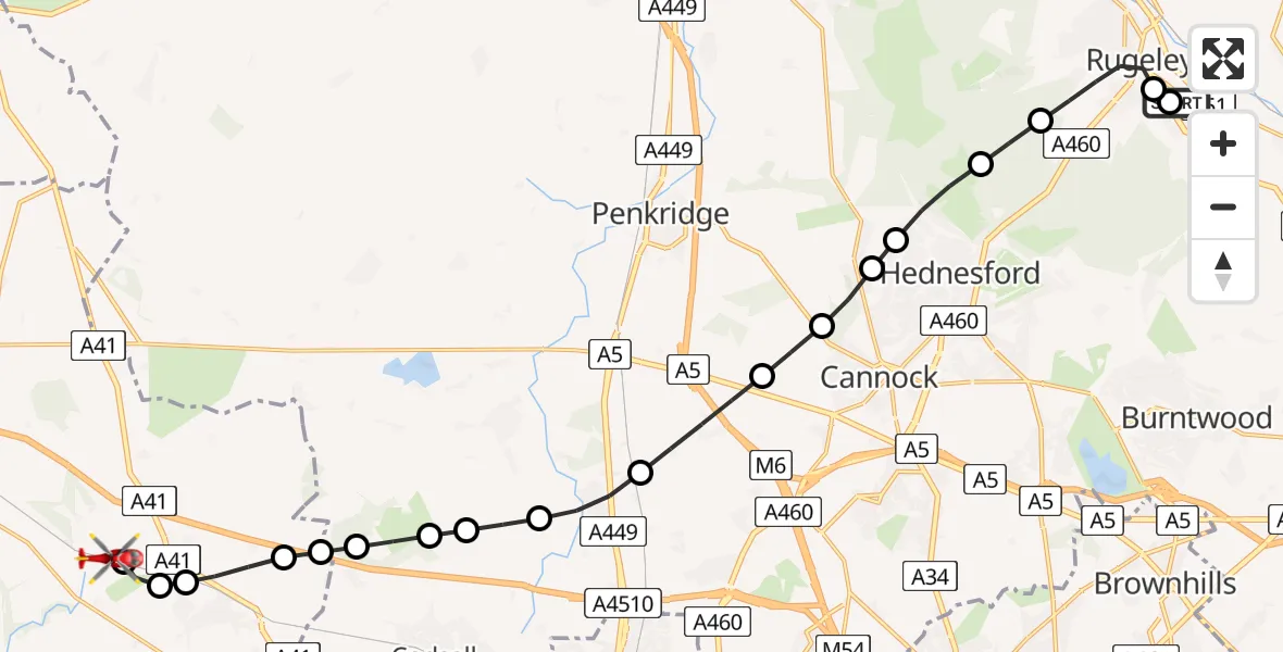Flight path map showing Air Ambulance Helicopter route from Brereton to Cosford