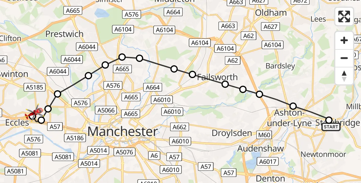 Flight path map showing Air Ambulance Helicopter route from Stalybridge to Eccles
