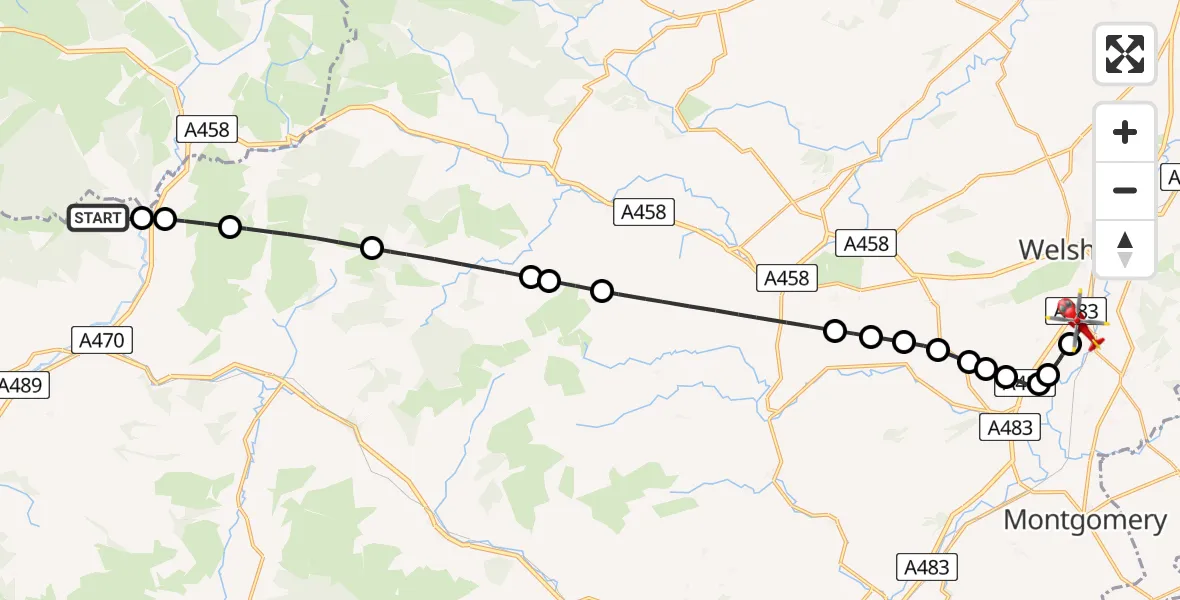 Flight path map showing Air Ambulance Helicopter route from Glantwymyn to Welshpool Airport