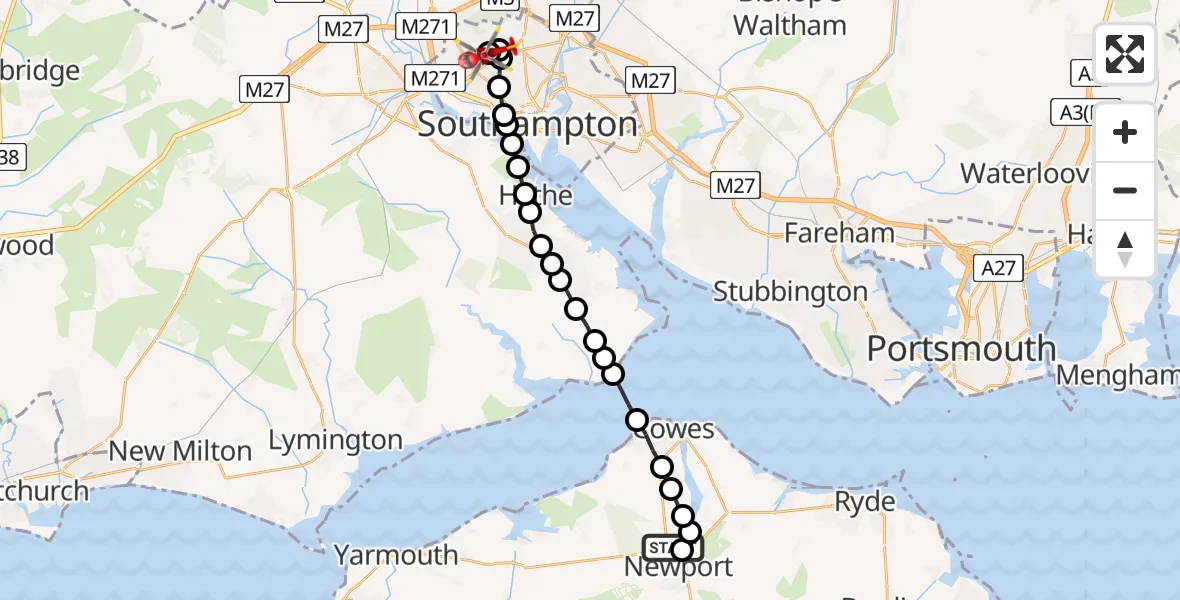 Flight path map showing Air Ambulance Helicopter route from St Marys Hospital Isle Of Wight to University Hospital Southampton