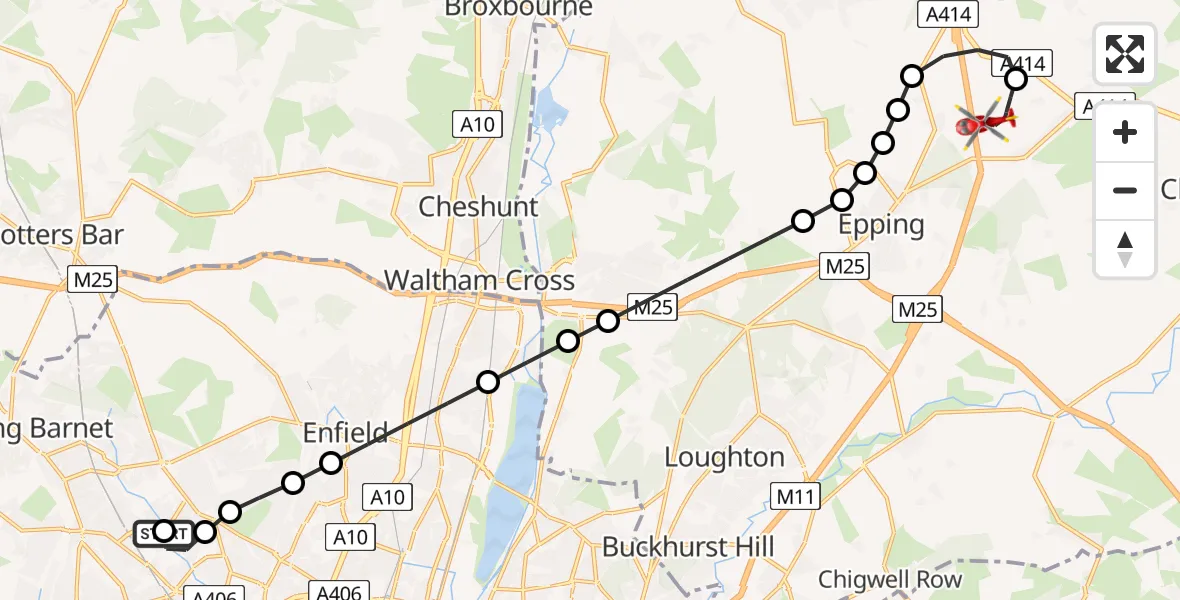 Flight path map showing Air Ambulance Helicopter route from Brunswick Park to North Weald Airfield