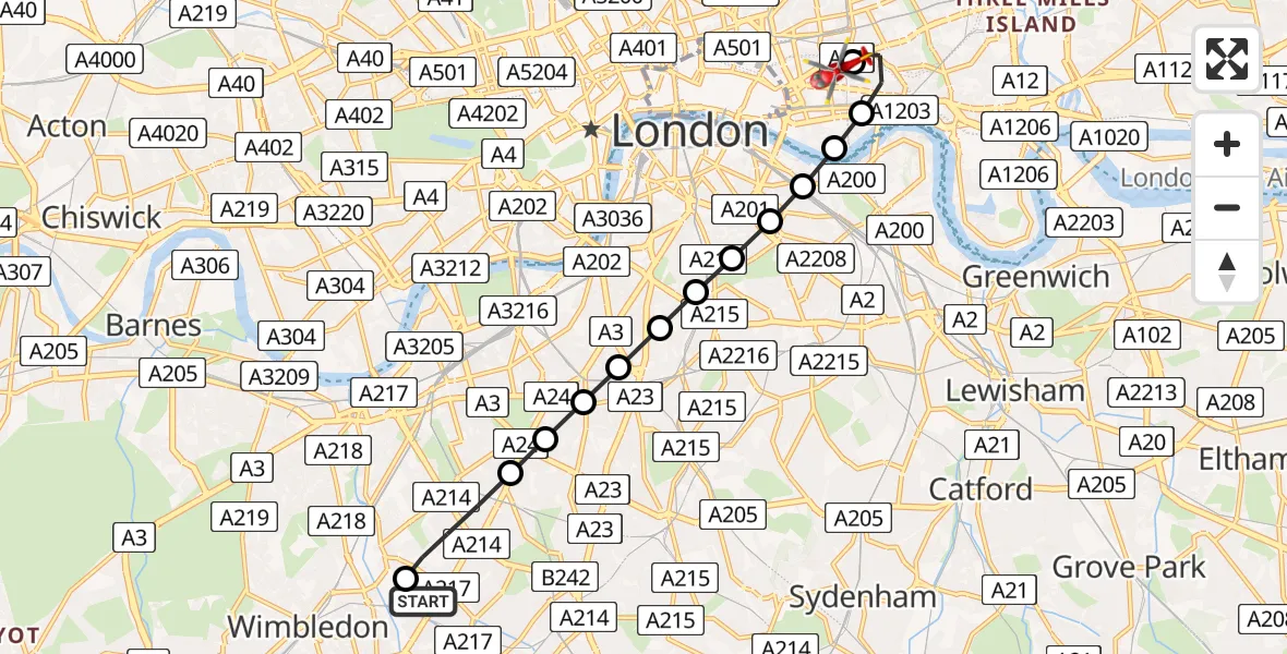 Flight path map showing Air Ambulance Helicopter route from St Georges Hospital to Royal London Hospital