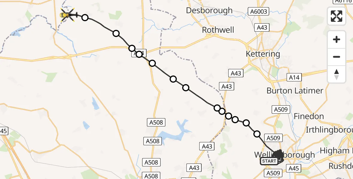 Flight path map showing Police Helicopter route from Wellingborough to Harborough