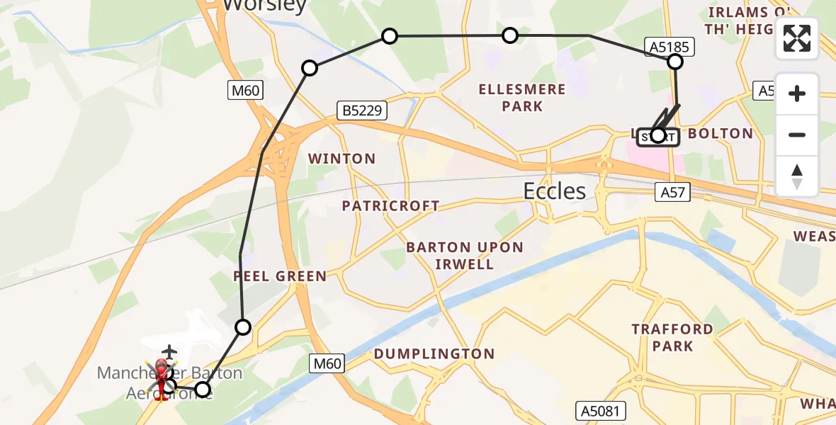 Flight path map showing Air Ambulance Helicopter route from Eccles to Manchester Barton Aerodrome