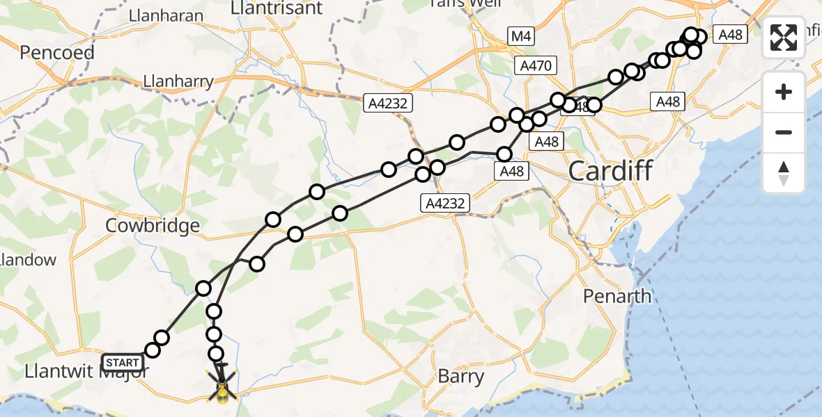 Flight path map showing Police Helicopter route from Boverton to St Athan