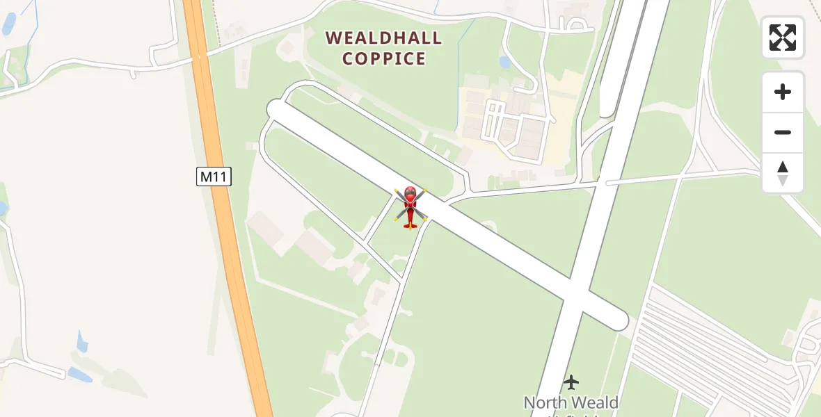Flight path map showing Air Ambulance Helicopter route from North Weald Airfield to North Weald Airfield