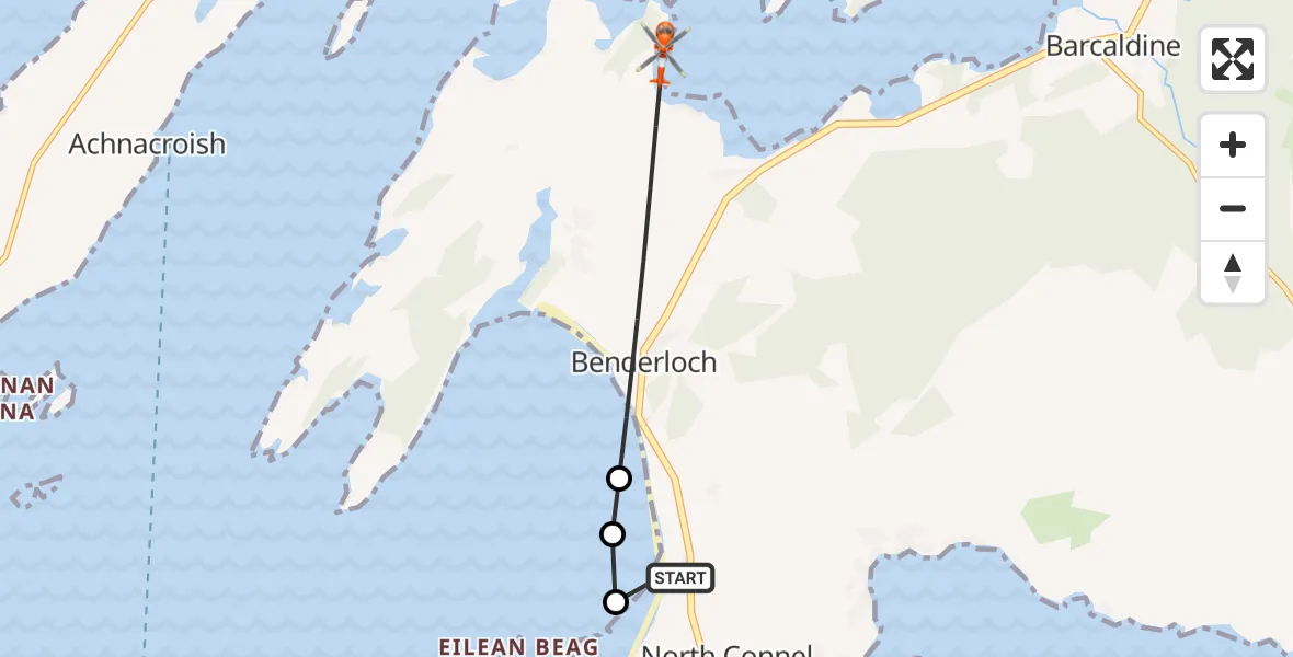 Flight path map showing Coastguard Helicopter route from Oban Airport to Inner Seas