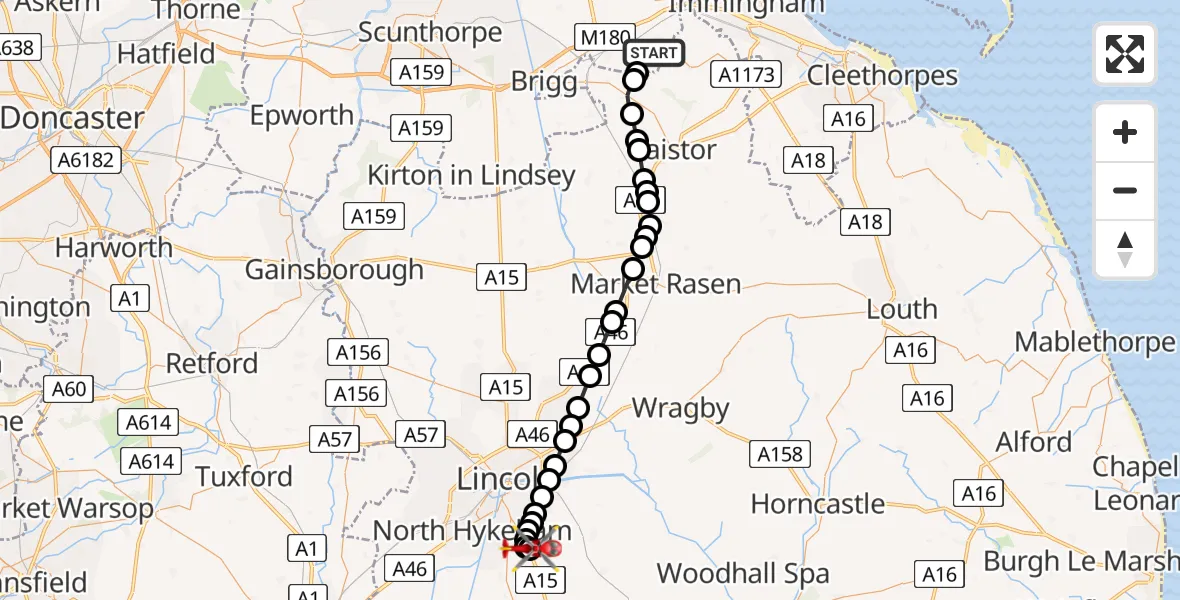 Flight path map showing Air Ambulance Helicopter route from Humberside Airport to North Kesteven
