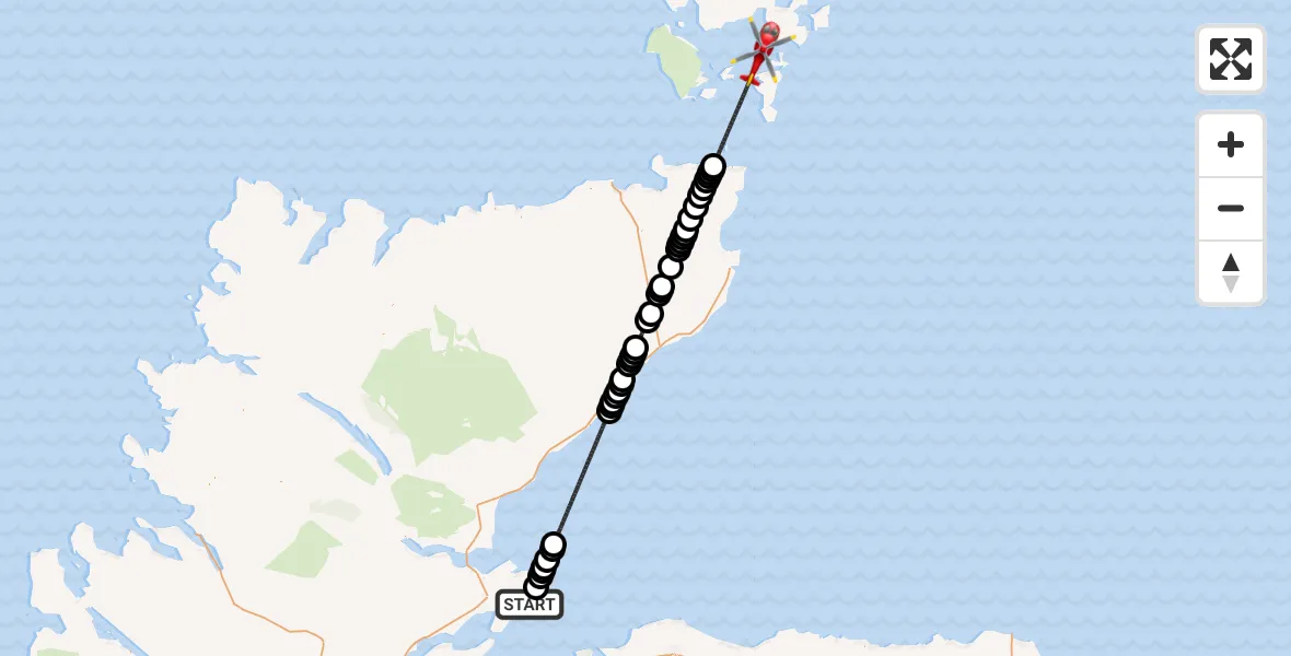 Flight path map showing Air Ambulance Helicopter route from North Sea to North Atlantic Ocean
