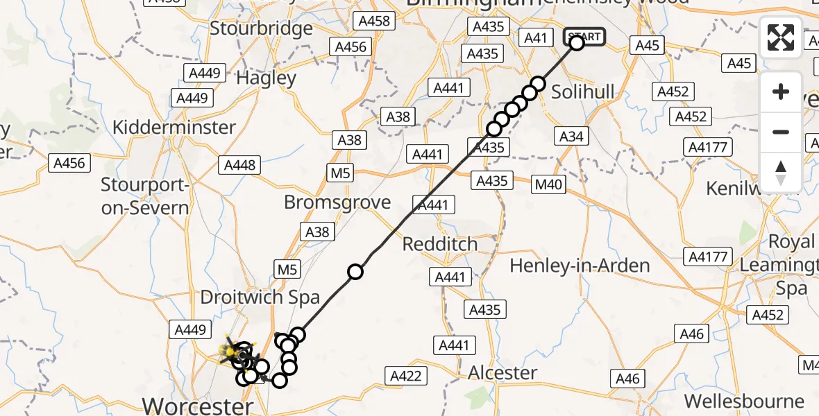 Flight path map showing Police Helicopter route from Sheldon to Fernhill Heath