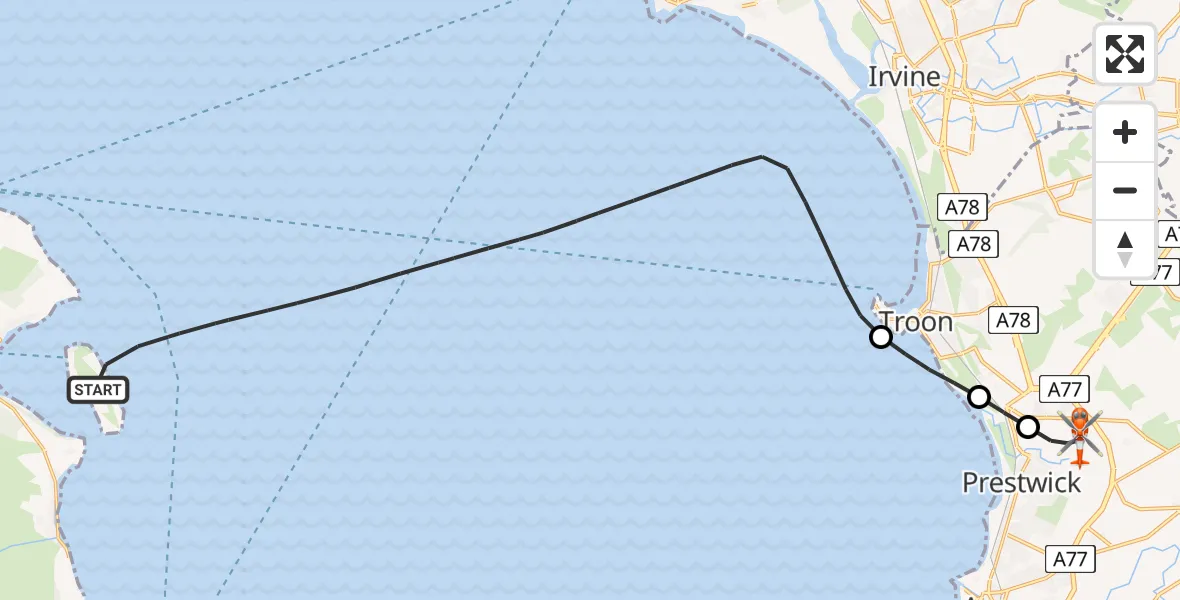 Flight path map showing Coastguard Helicopter route from Inner Seas to Glasgow Prestwick Airport