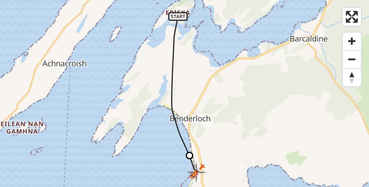 Flight path map showing Coastguard Helicopter route from Inner Seas to Oban Airport