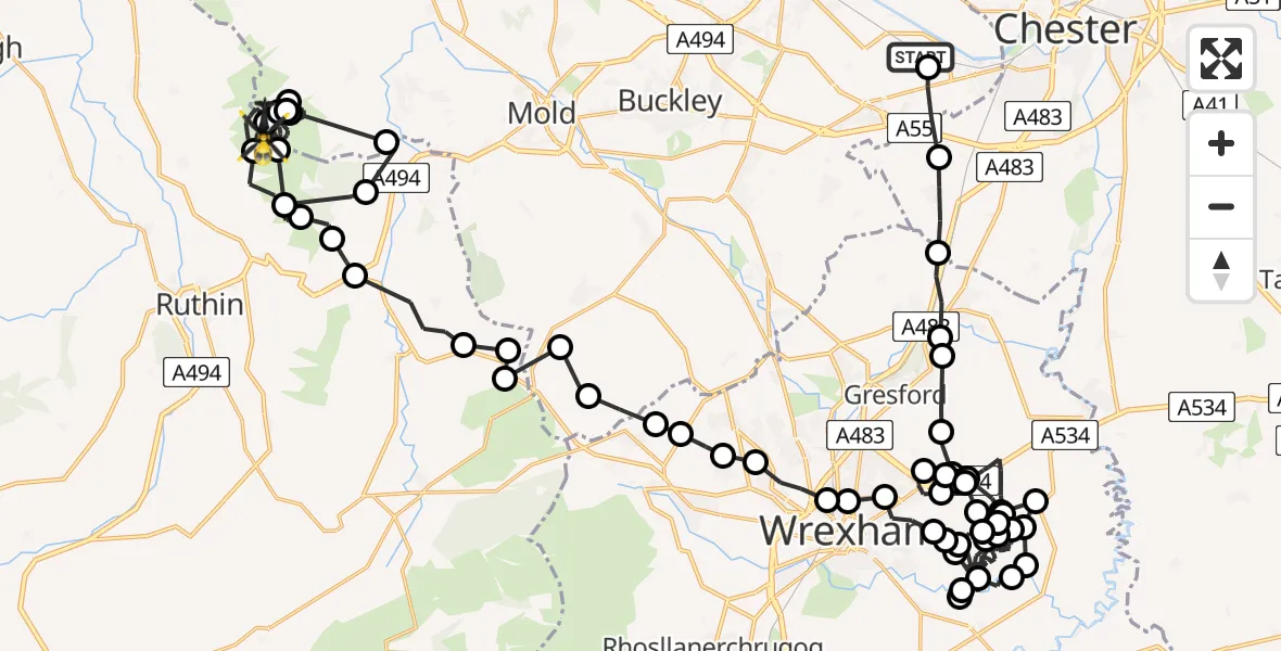Flight path map showing Police Helicopter route from Hawarden Airport to Llangynhafal