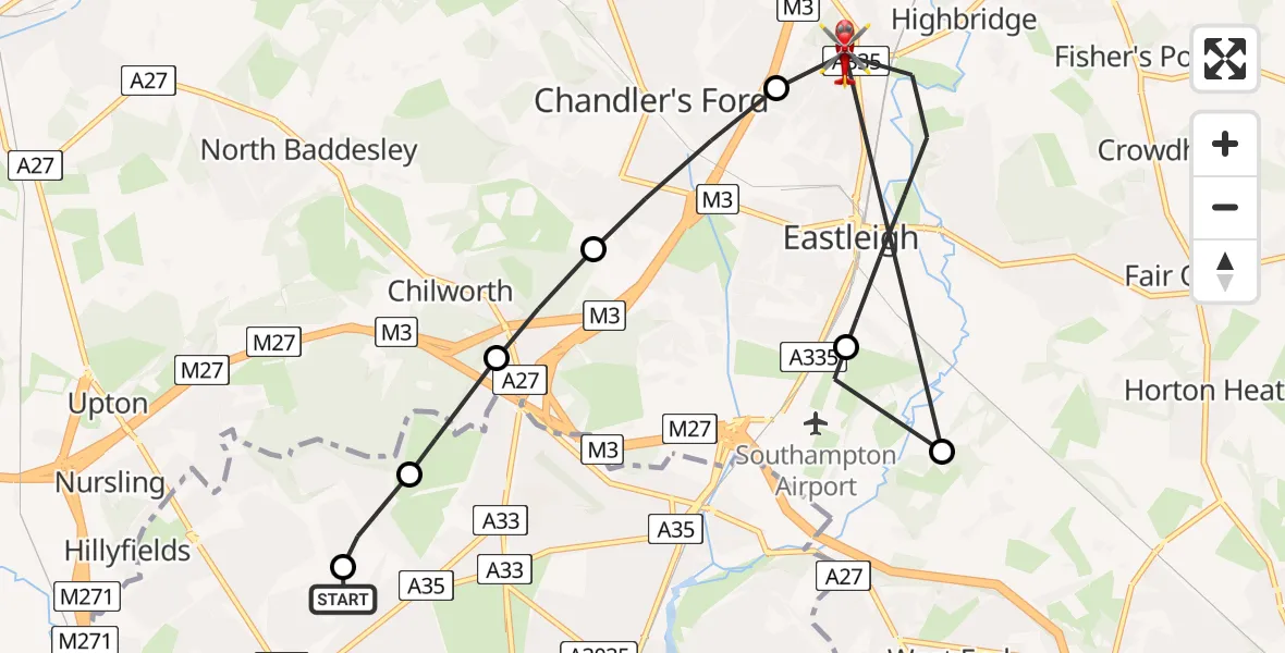 Flight path map showing Air Ambulance Helicopter route from University Hospital Southampton to Eastleigh