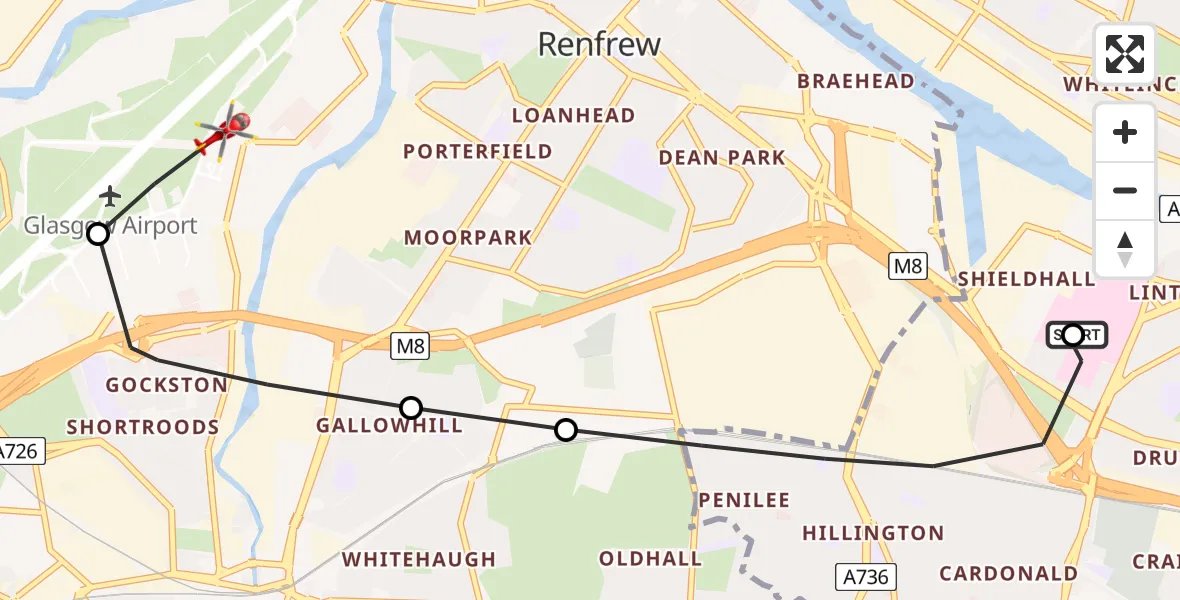 Flight path map showing Air Ambulance Helicopter route from Queen Elizabeth Hospital to Glasgow Airport