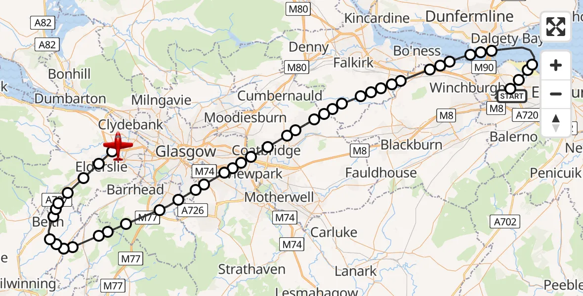 Flight path map showing Air Ambulance Aircraft route from Edinburgh Airport to Glasgow Airport