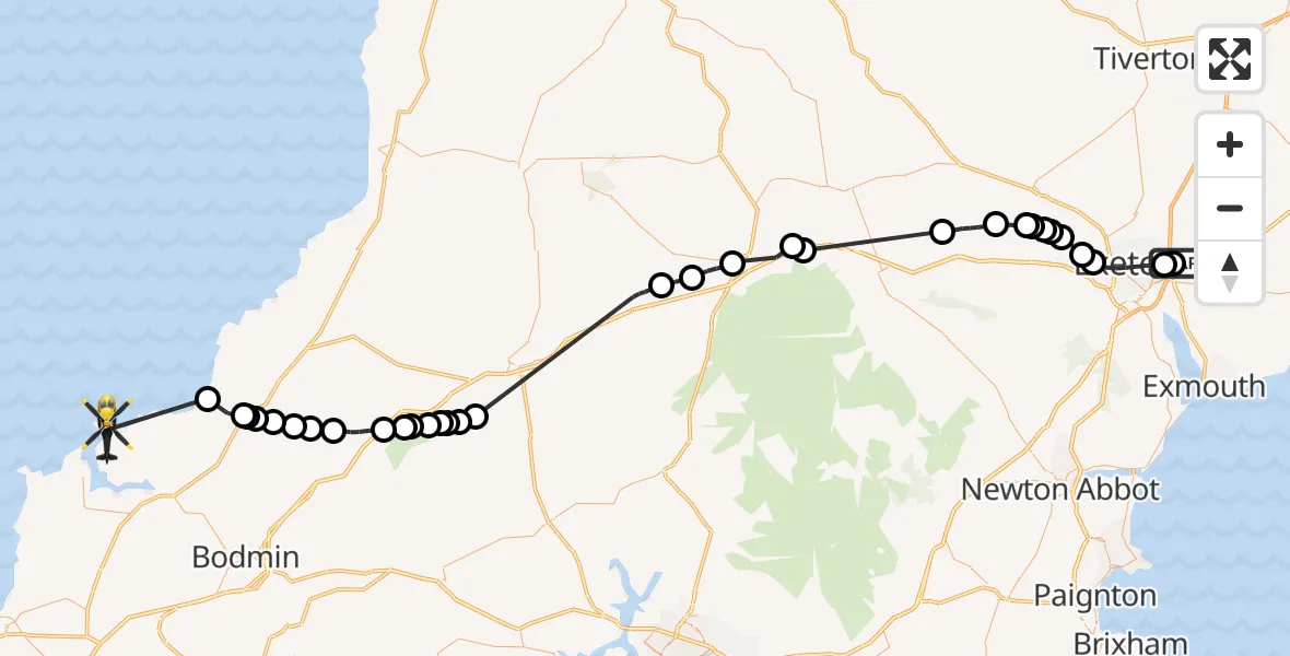 Flight path map showing Police Helicopter route from East Devon to New Polzeath