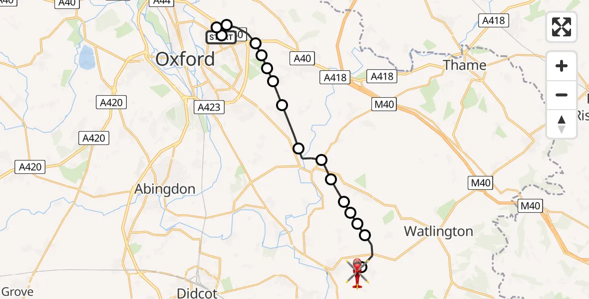 Flight path map showing Air Ambulance Helicopter route from John Radcliffe Hospital to RAF Benson