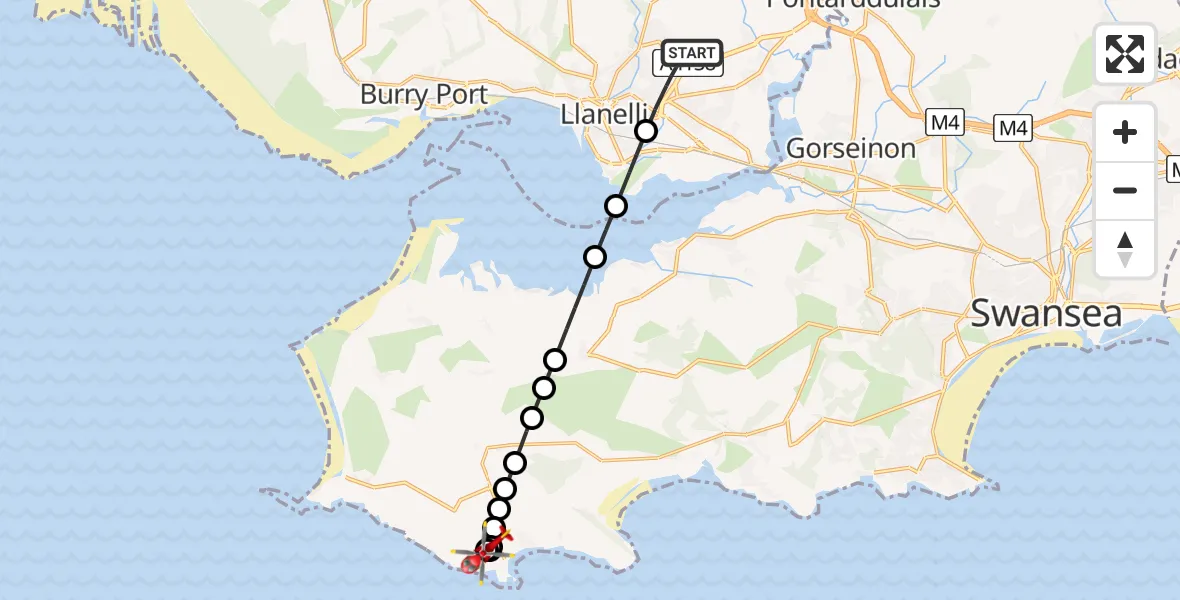 Flight path map showing Air Ambulance Helicopter route from Dafen to Overton