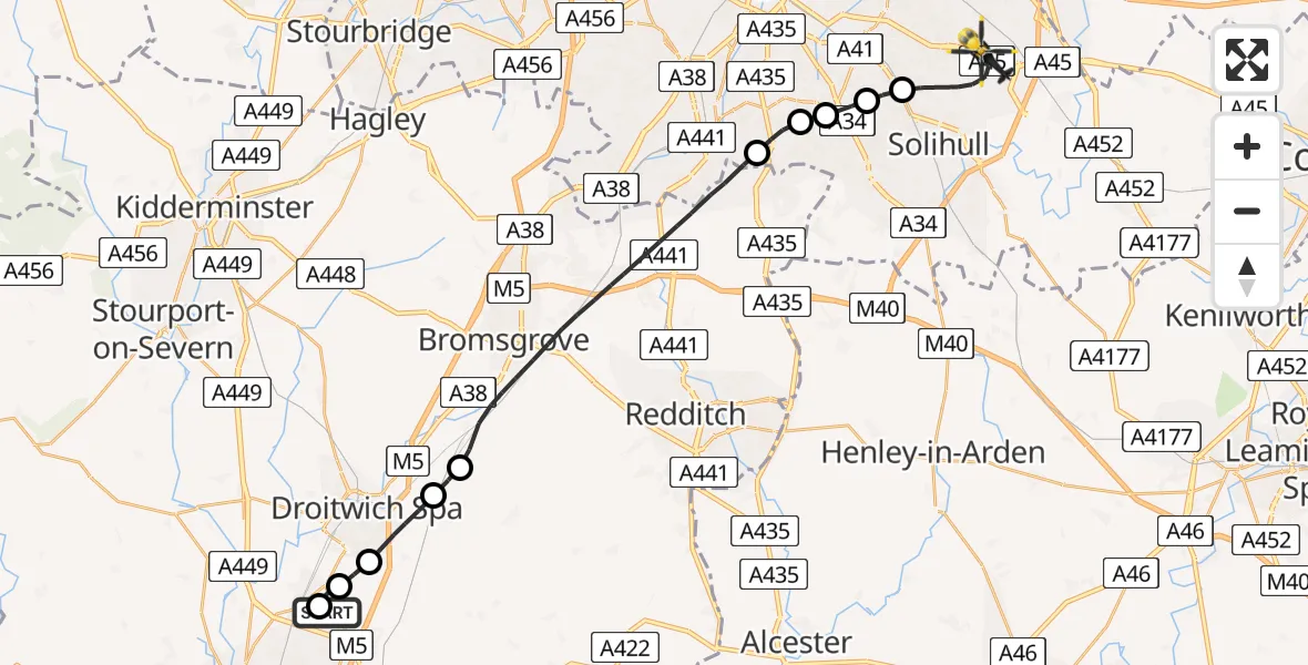 Routekaart van de vlucht: Police Helicopter to Solihull, Centro Way
