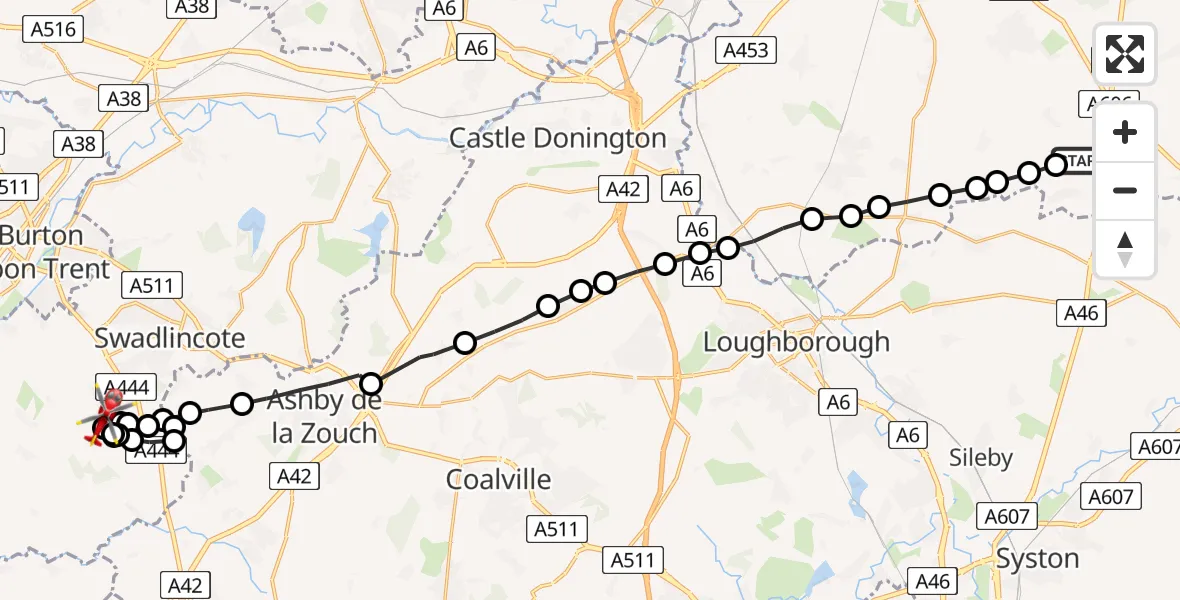 Flight path map showing Air Ambulance Helicopter route from Willoughby on the Wolds to Linton