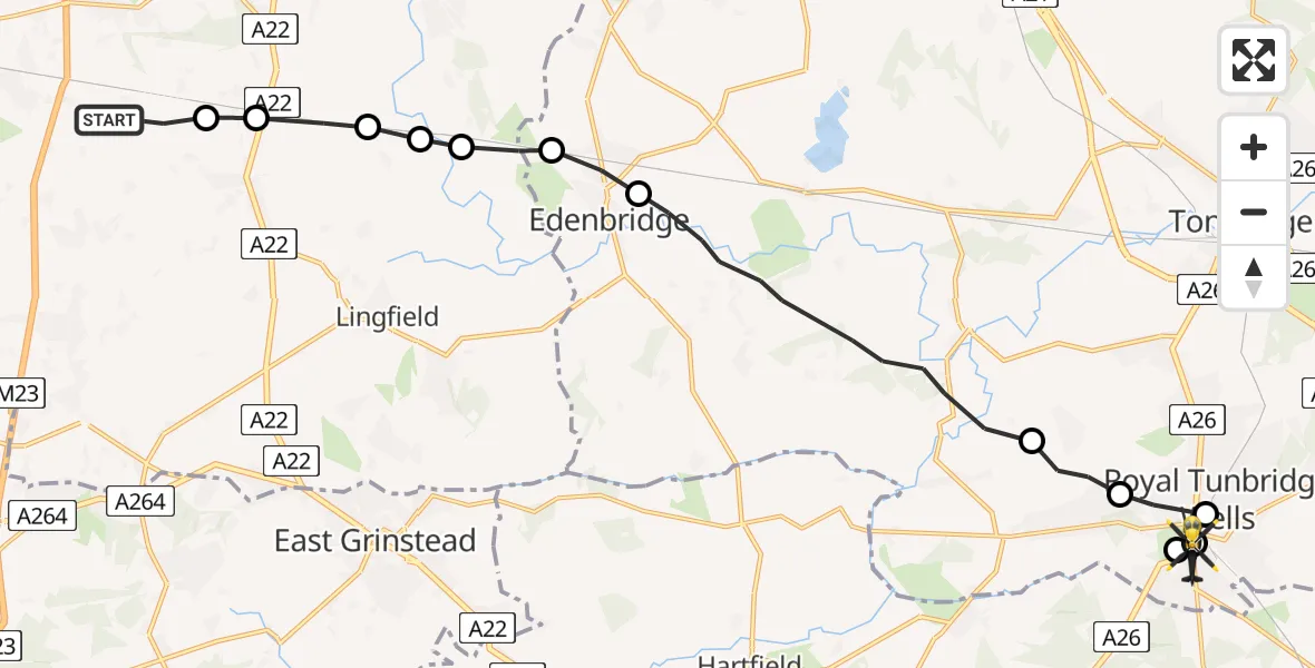 Flight path map showing Police Helicopter route from Tandridge to Royal Tunbridge Wells