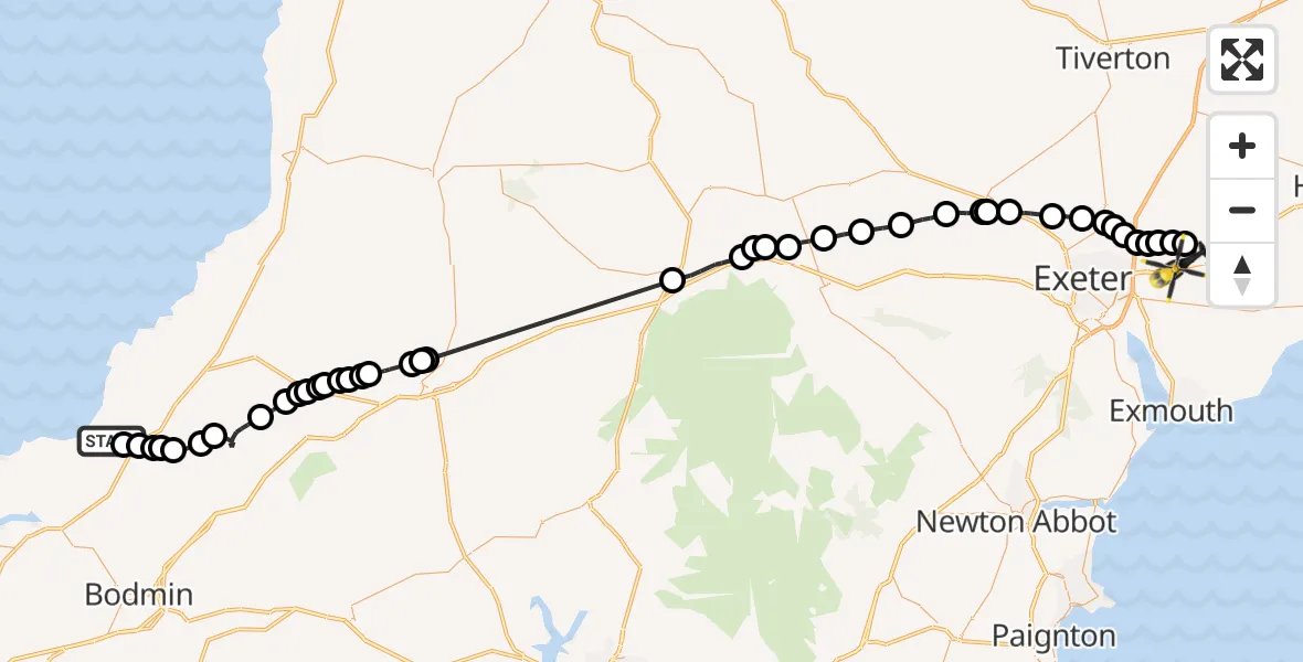 Flight path map showing Police Helicopter route from St. Teath to Exeter International Airport
