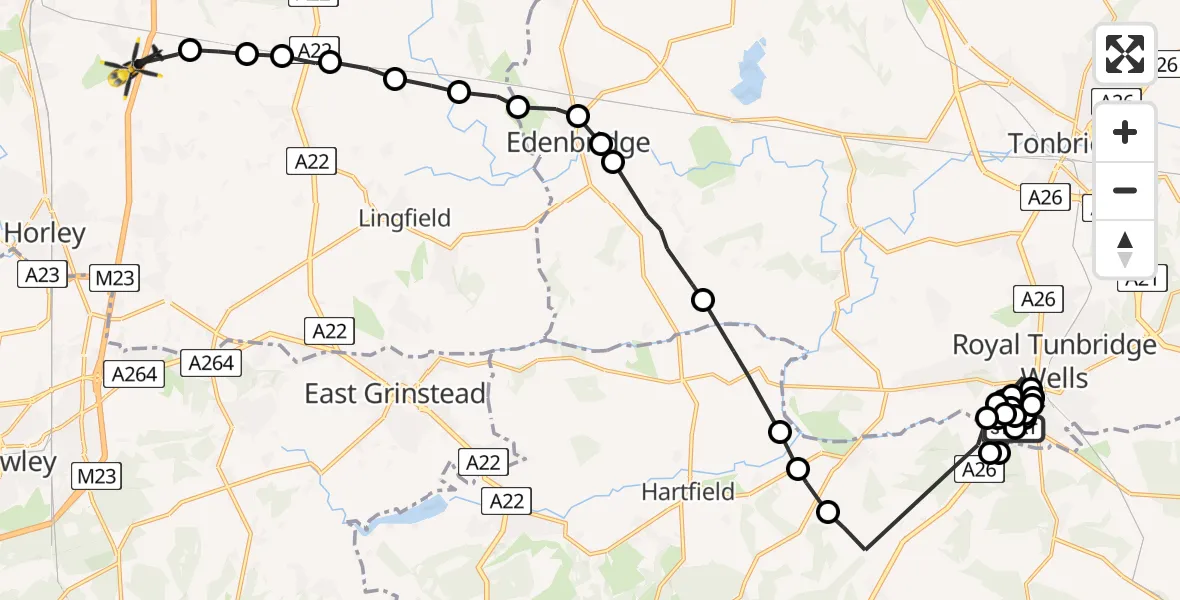 Flight path map showing Police Helicopter route from Royal Tunbridge Wells to South Nutfield